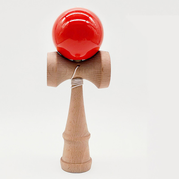 Kendama skicklighetsspel af træ med en boll på en snøre i en kopp Röd