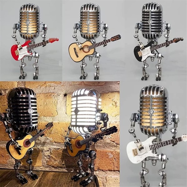 Retro Punk MikrofoniRobot Lampa Hållande Guitare Vintage Svart
