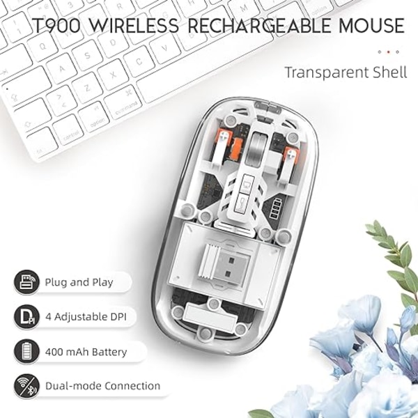 Uppladdningsbar trådlös mus, 2.4G+Bluetooth 5.0 tyst och mus, 2400 dpi ultratunn spelmus med synligt batteri