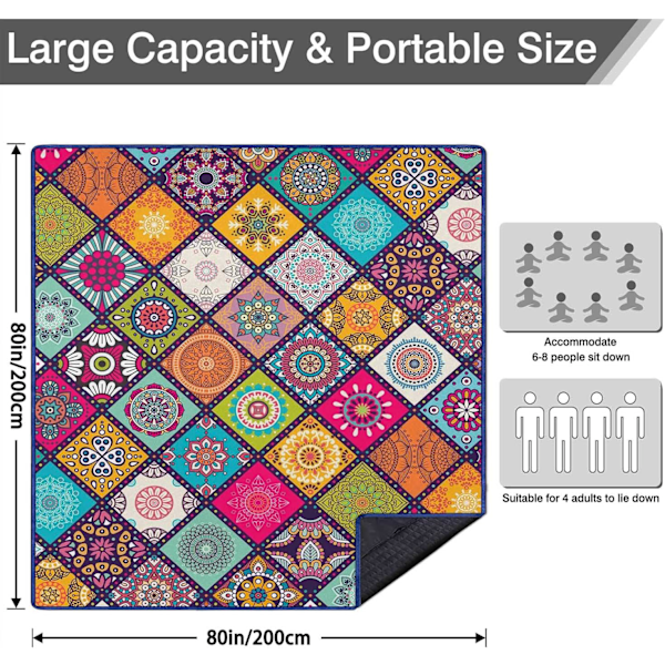 Vandtætte Picnic Tæpper Foldbare & Bærbare 203x203 cm Boho Picnic Måtte til Udendørs Brug, Stort Vaskbart Picnic Tæppe til Rejser og Camping-AD10--O-