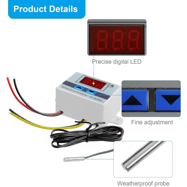 XH-W3001 Digital LCD temperaturkontrollmodul, mikrodator Termoregulator Termoelement Termostat med vattentät sond (12V/120W)