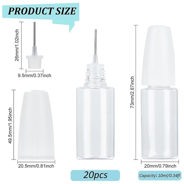 20 kpl Tarkkuuskärkinen annostelupullo, 10 ml / 0,34 oz Neulakärkinen PET tyhjä liimapullo