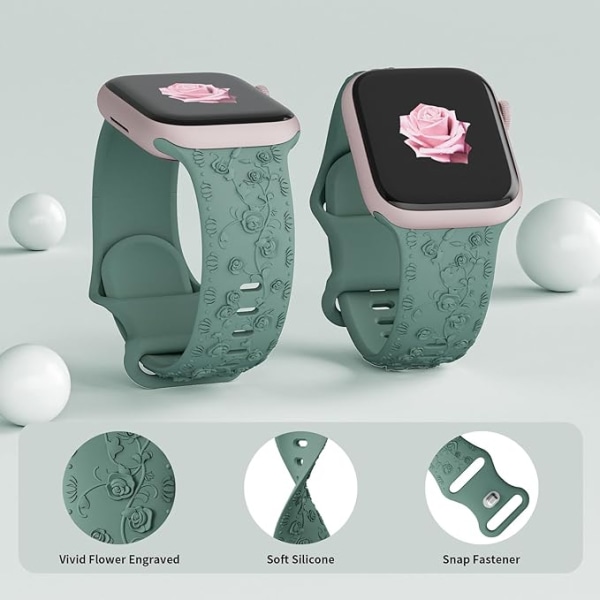 Blomstergraverte remmer til Apple Watch 40mm 38mm 41mm Kvinner, Myk Silikon Elegant Rose Mønster Erstatningsarmbånd for