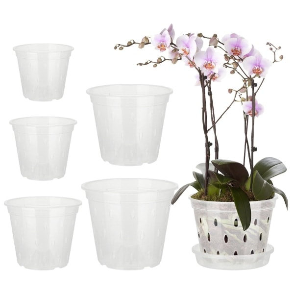 5-pack Phalaenopsis-krukor, orkidékrukor med hål och fat, genomskinliga plastblomkrukor för inomhus- och utomhusodling, vita
