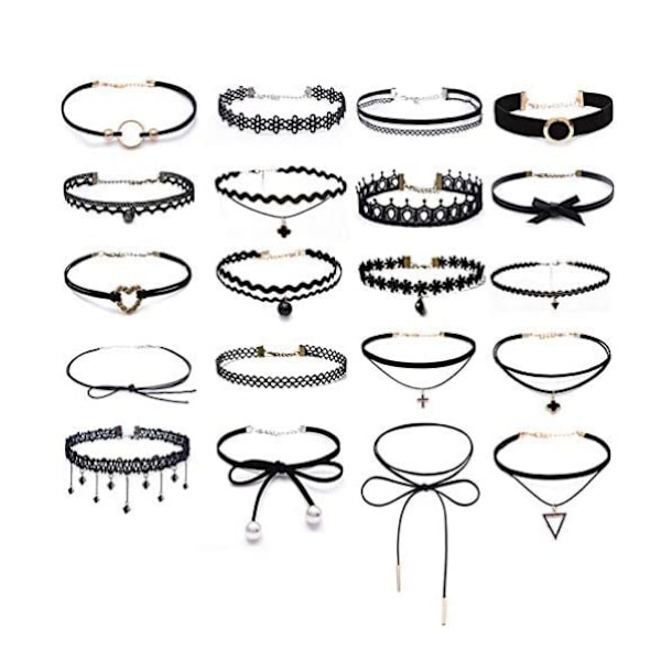 Choker Halskjede Svart 20 stk Fløyel Chokers Svart, Svart Klassisk Gotisk Choker-KL