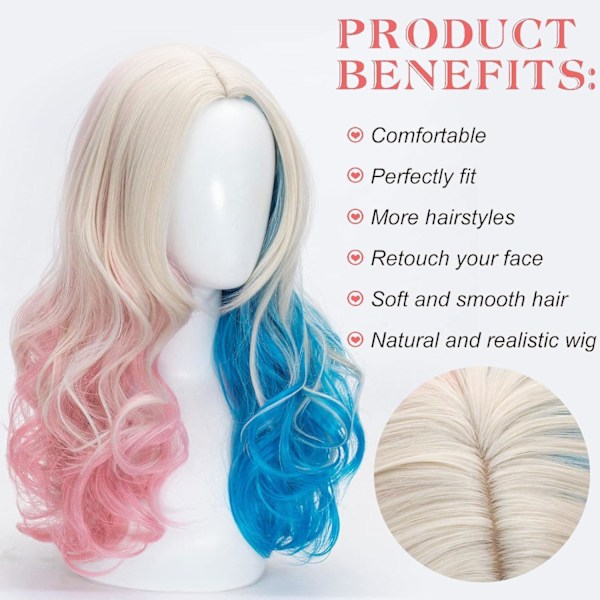 Shengruili Harley Quinn Paryk Dame Lang Cosplay Paryk Skurk Quinn Paryk Cosplay Paryk Blond Blå Pink Karneval Halloween Karnevalsfester