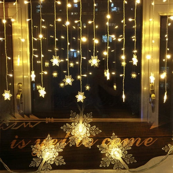 3,5 M Snowflake ljusridå, 96 LED-slingor 8 ljuslägen, fönsterdekoration, jul, bröllop, födelsedag, hem, uteplats - varmvit