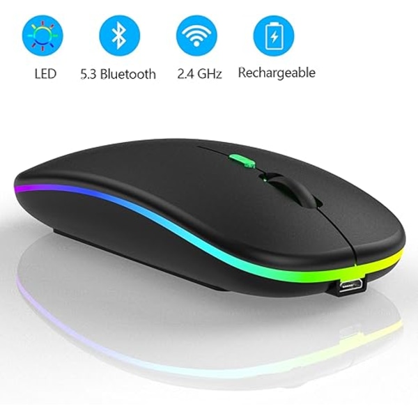 Uppladdningsbar trådlös mus, 7-färgad bakgrundsbelyst mus med mini 2,4 GHz USB-mottagare, spelmus