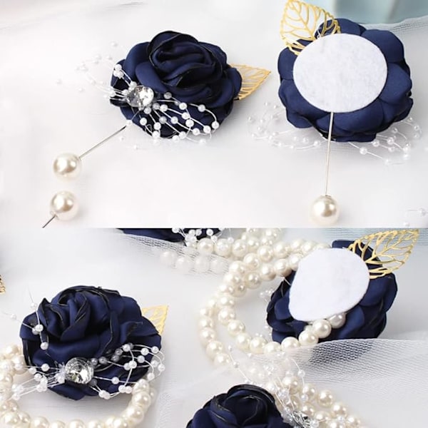 Armbånd Rose Brudebukett Bryllupsblomster Ballgalla Corsage og Knapphullsblomst Sett for Bryllupsfest Ballgalla Brudgom Brud (Marineblå)