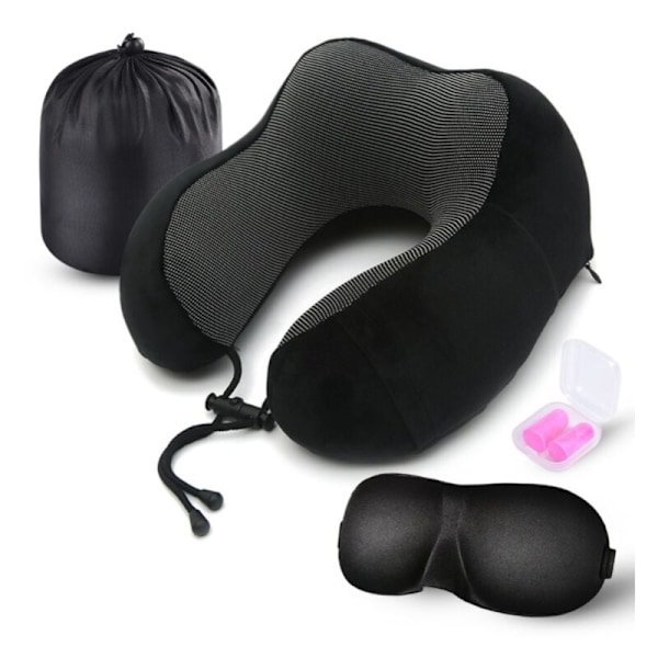 Resekudde, nackkudde 100% memory foam, med bekvämt och ventilerande överdrag, uppfriskande kudde för flygresor, med 3D-ögonmask, mössa -FD2--O-