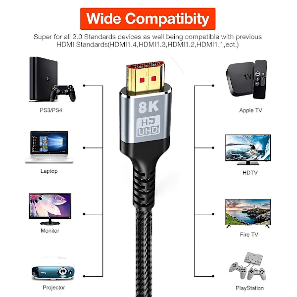 8K HDMI-kompatibel kabel HDMI 2.1 8K@60Hz Ultra Digital HD UHD hög kvalitet flätad för bärbar dator PS4 PS5 TV-projektorer skärm