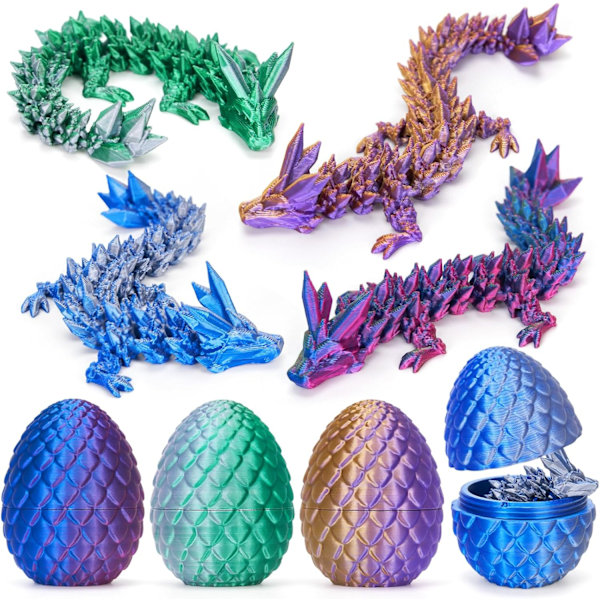 4 stk. 3D-printet påske-drageegg, liten artikulert krystall-drage fidget-leke, overraskelse 3D-printet dyreleke påskekurv (4-delt sett-D)