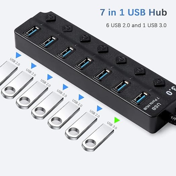 USB-hub 3.0, 7-porters splitter med uavhengige brytere, flere stikkontakter for rask dataoverføring