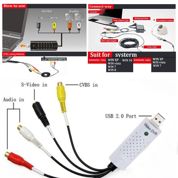 USB 2.0 til AV Video Capture Adapter konverter Easier Cap USB  Audio Video Capture Enhed Video TV DVD VHS DVR til Win10 white