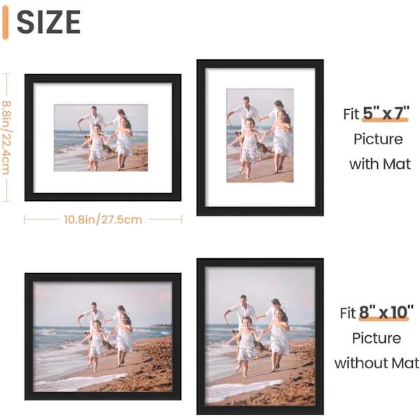 upsimples 8x10 Bildram, Visa Bilder 5x7 med Passepartout eller 8x10 Utan Passepartout, Väggmonterad Fotoram, Svart, 1-pack