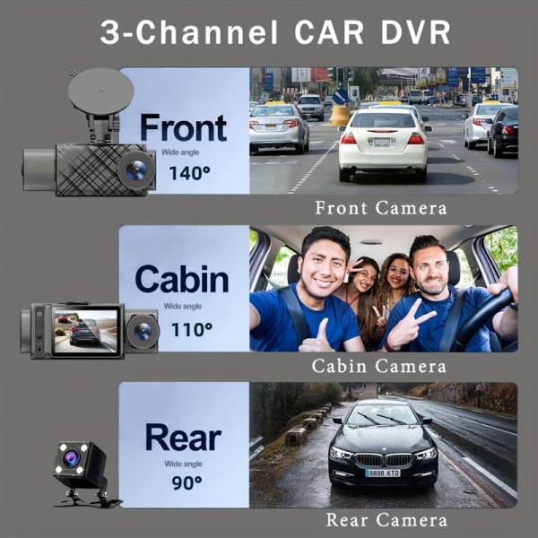 Dash Camera HD1080P HD Night Vision Tre-lins bilkamera 2 "ISP med batteriskyddsplatta