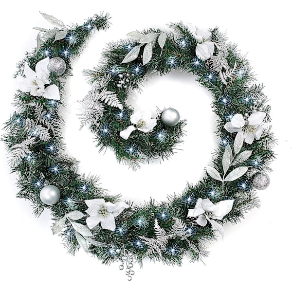 White/Silver Decorated Christmas Garland with 80 Bright White LED Battery Lights (9ft Garland)