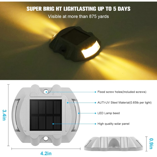 Solcelleddekklys Oppkjørselsdokklys, LED IP67 Vanntett Utendørs Advarselstrinnlys for Oppkjørsel Fortau Hage Sti Yard Varm Hvit - 2 Pakk