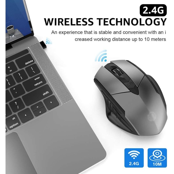 Trådlös mus, uppladdningsbar 2,4G trådlös ergonomisk optisk mus grey