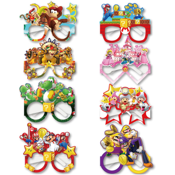 Mario Party Pappersglasögon Fotoställning Spel Tema Födelsedag Glasögon Dekorationstillbehör 16pcs