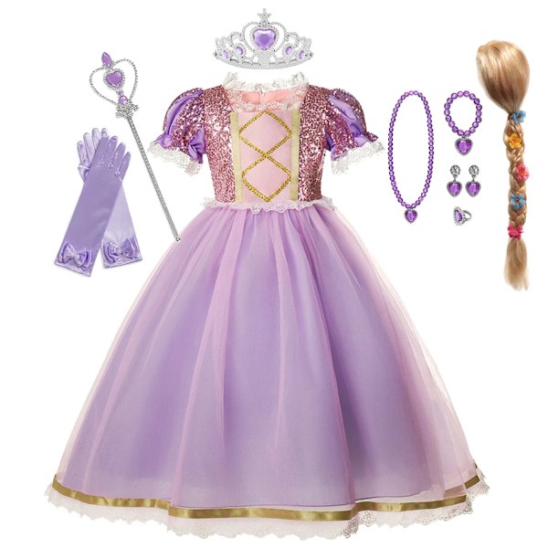 Rapunzelklänning för flickor, utklädningsklänning, fantasy, barnkalas, prinsesskostym, barn, halloween, lila paljetter, meshkläder Rapunzel B Set04-KL Rapunzel B Set04 5-6T(Tag130)