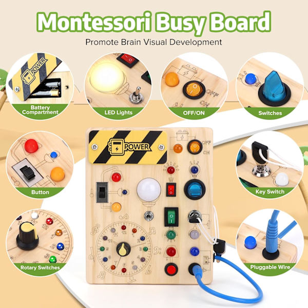 Montessori-leksak, aktivitetsbräda, sensorisk babyleksak, med 10 strömbrytare och 23 LED-lampor, träleksak, resa -AD11--O-