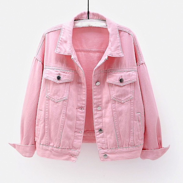 Stadig långärmad jeansjacka Ytterkläder för kvinnor - varma vår- och höstjackor Rosa Pink S