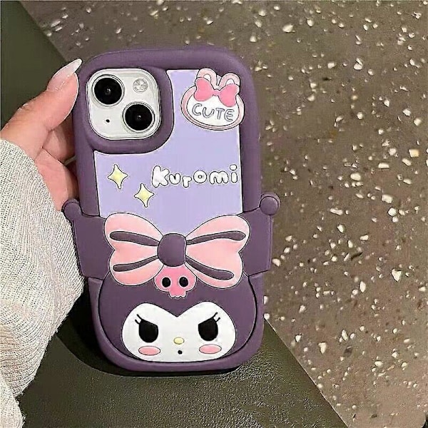Tecknad 3D Sanrio Kuromi Silikon Mjukt Mobilskal för iPhone 14 13 12 11 Pro Max 14 Pro Anti-fall Baksida Flicka