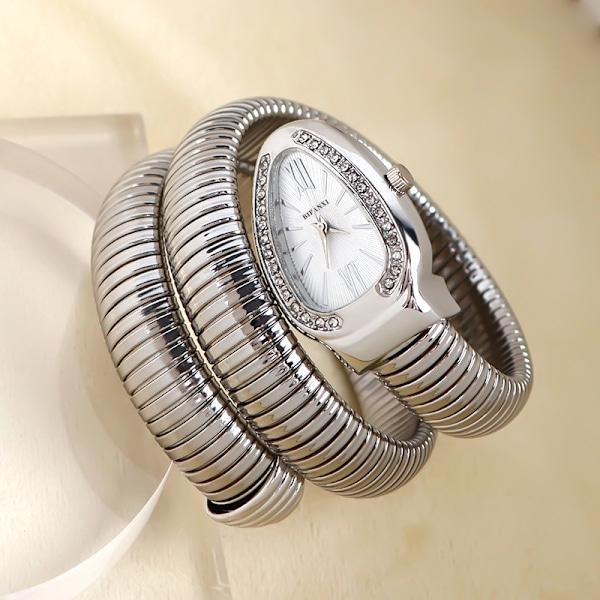 BIFANXI Snake Shape Watch, Women's Fashion Bracelet Watch, Creative Quartz Watch silver, vit urtavla