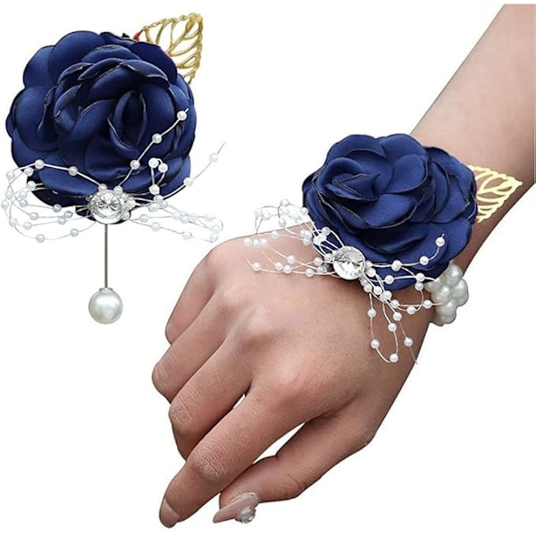 Armbånd Rose Brudebukett Bryllupsblomster Ballgalla Corsage og Knapphullsblomst Sett for Bryllupsfest Ballgalla Brudgom Brud (Marineblå)