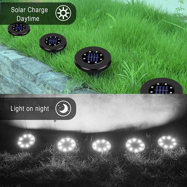 Aurinkokäyttöiset maavalaisimet, IP65 vedenpitävät ulko-LED-kiekkovalot puutarhaan, polkuvalaistus, kylmä valkoinen - 4 kpl