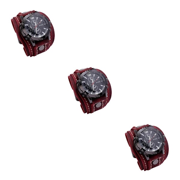 1/2/3 Snygg Herr Läderarmbandsur med brett band för Red 3PCS