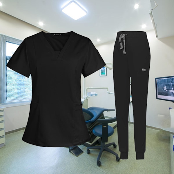 1/2 kvinnlig Scrub Set Nurse v-ringning Maskintvättbar kort Black M 1Set