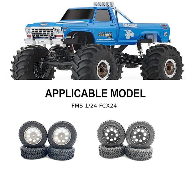 4st slitstarka hjulfälgar däck för FMS 1/24 FCX24 RC bil Black