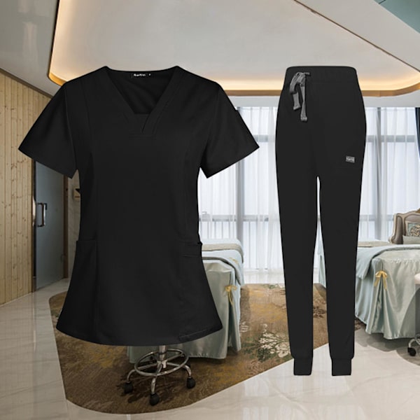 1/2 kvinnlig Scrub Set Nurse v-ringning Maskintvättbar kort Black L 1Set