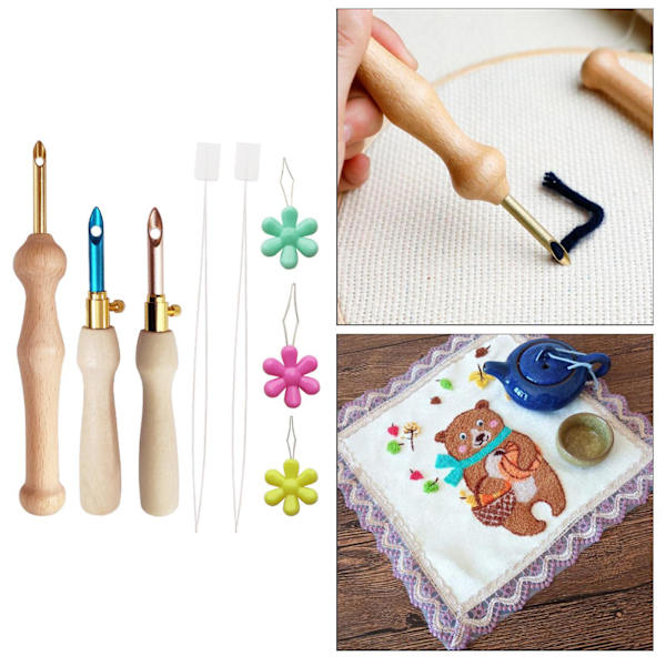 1/2/3/5 Broderi Punch Nål Penna Sysats Stickverktyg 3x Needle 5 Threader 10cm 1Set