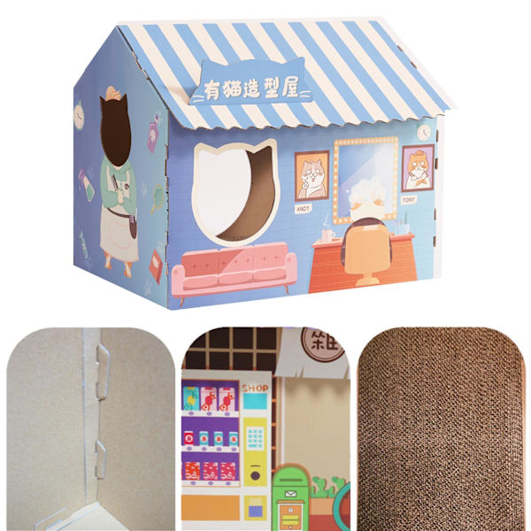 Cat House with Scratch Pad Slitstark wellpapp för Blue