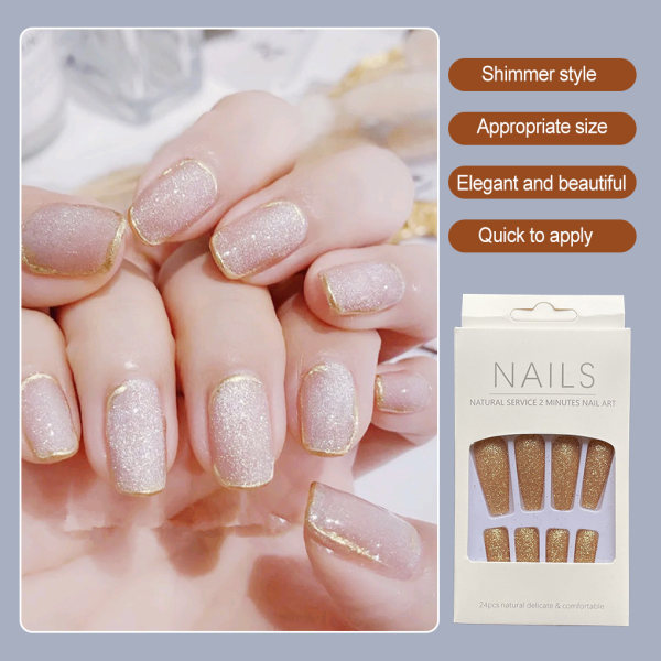 1 Set Press on Nails Kista Solid Color Extension Artificiell H33-gold glue,jelly