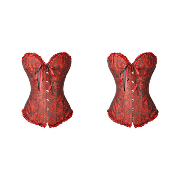 1/2 Women's För ace Up Boned Overbust Cincher Corset Bustier Black Red XL 2Set