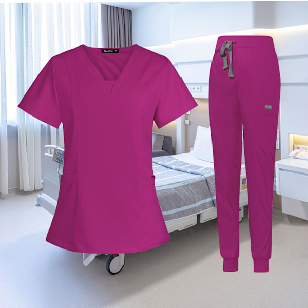 1/2 kvinnlig Scrub Set Nurse v-ringning Maskintvättbar kort Rose Red M 1Set