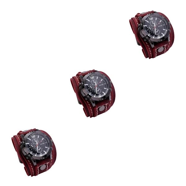 1/2/3 Snygg Herr Läderarmbandsur med brett band för Red 3PCS