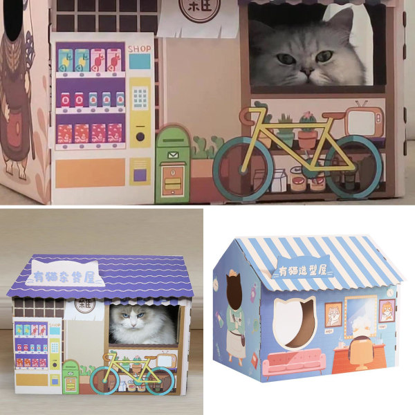Cat House with Scratch Pad Slitstark wellpapp för Blue