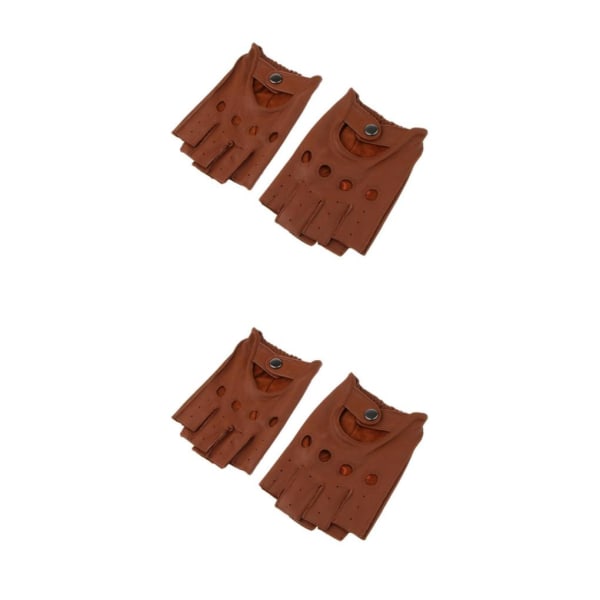 1/2/3/5 Retro PU eather Men Fingerless Driving Cykelhandskar Brown Button L 2Set