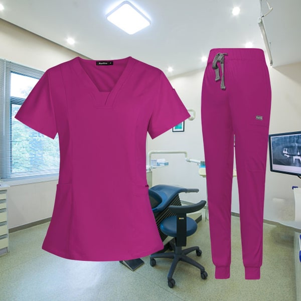 1/2 kvinnlig Scrub Set Nurse v-ringning Maskintvättbar kort Rose Red L 1Set