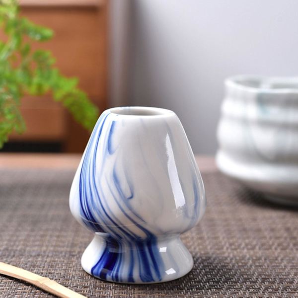 Traditionellt Matcha vispställ Teaware Tea Ceremony Chasen Stand Blue and White 6.5 x 7.5cm