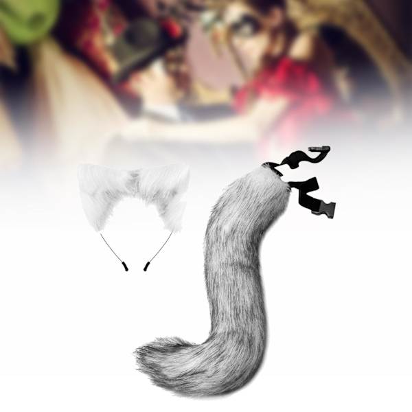 För Fox Ears and Tail Cat Ear Pannband Huvudbonader för festbal Gray 50cm
