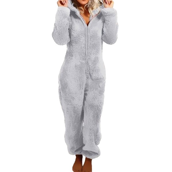 Dam S Dragkedja Fluffig Fleece Pyjamas Mjuk Och Mysig Casual Varm grey M