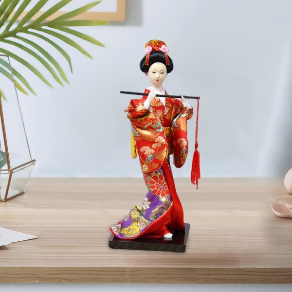 11 tums Japansk Kimono Geisha Doll Office Bar Handgjord Red with Flute