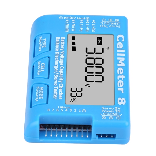 RC CellMeter 8 Digitaalinen akun kapasiteetin jännitteen tarkistusmittari LiPo Li lon NiMH RC CellMeter 8