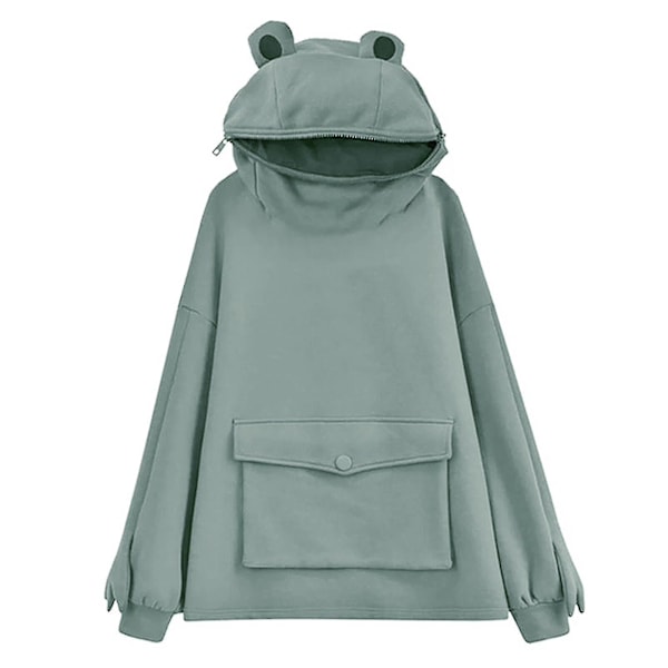 Varm vinter mörkgrön groda fleece hoodie oversized sweatshirt
